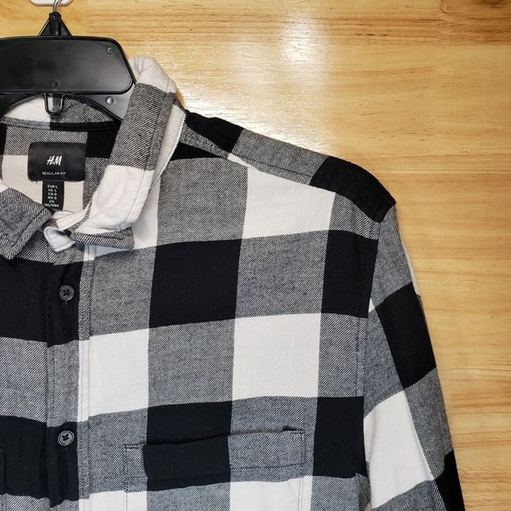 H&M Men's L Plaid Flannel Shirt Black White Long Sleeve Button Up Cotton
